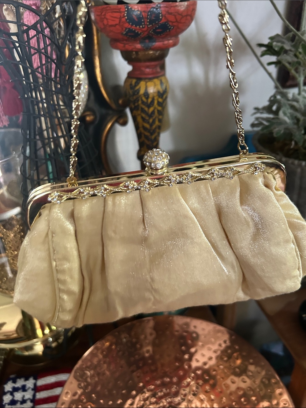 Elegant Cream Satin Evening Clutch with Gold Hardware